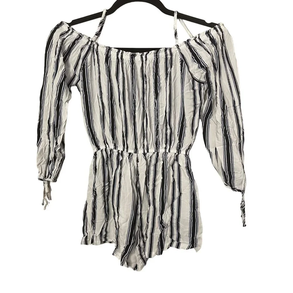 Striped Off-Shoulder Romper For Women By Elodie - Size M Rayon Navy & White - Picture 1 of 5